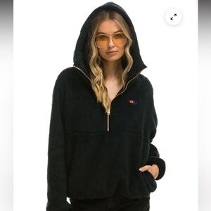 Aviator Nation TEDDY UNISEX HOODED HALF ZIP JACKET - BLACK size XS